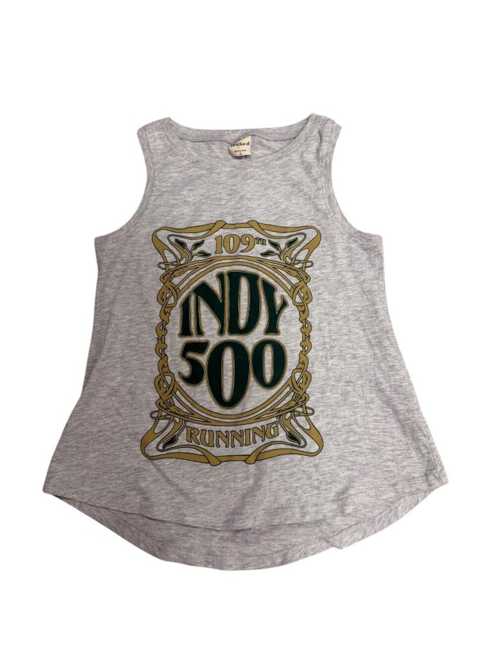 Chicka-d Indy 500 Running Graphic Tank Top Small Gray Racerback Style EUC
